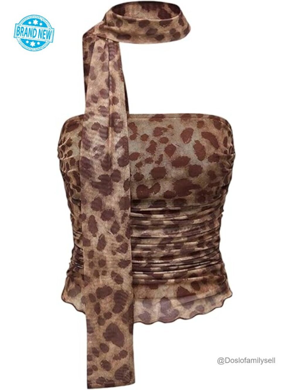 Leopard Print Ruched Sheer Mesh Tube Top with Scarf Lettuce Hem Going Out Top